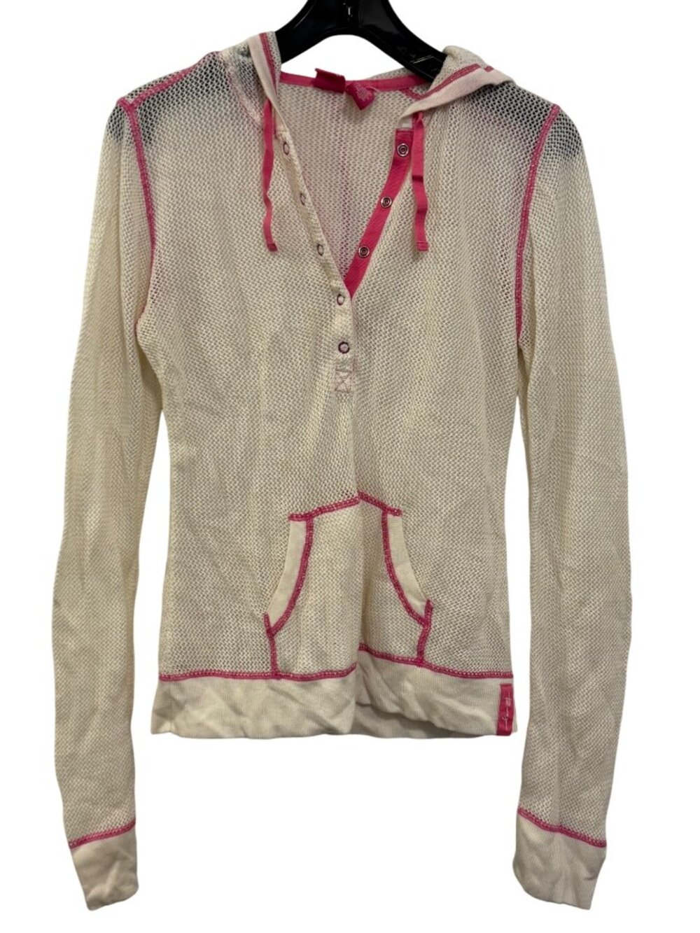 Roxy Mesh Knit Hoodie Jacket Ivory & Pink Womens L Long Sleeve Kangaroo